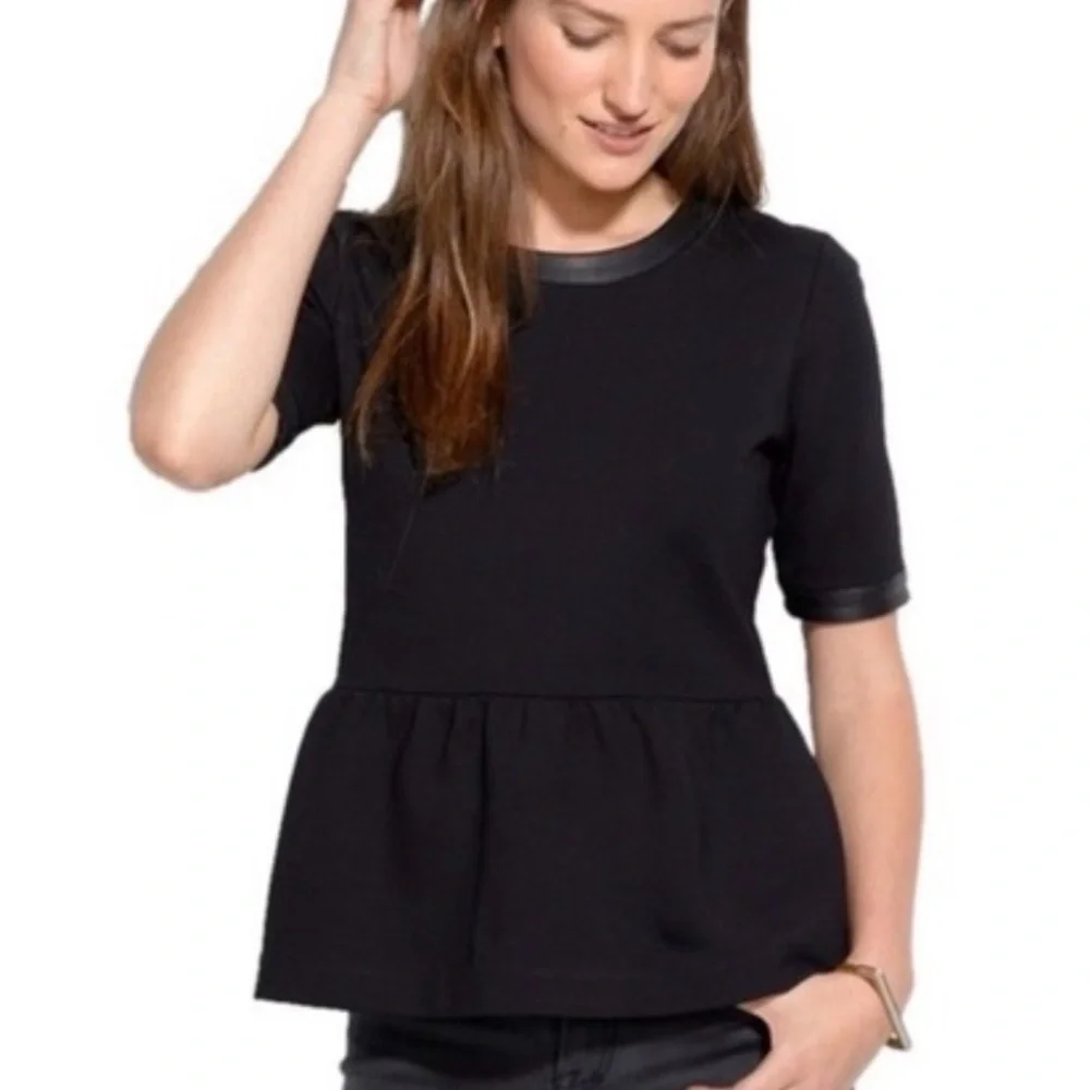 Madewell Black Short Sleeve Peplum leather accent Top. - Picture 1 of 6